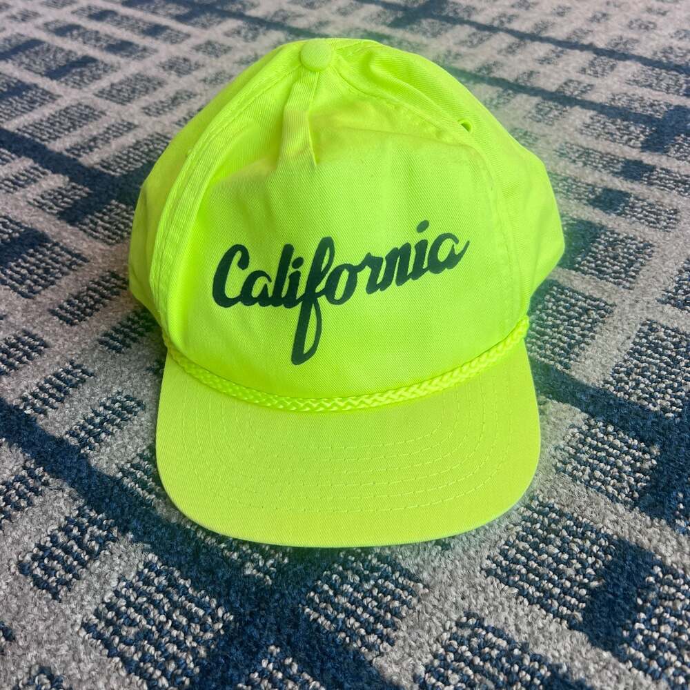Vintage California Neon Yellow Rope Adjustable Sun Hat Cap 80s 90s Quick Release